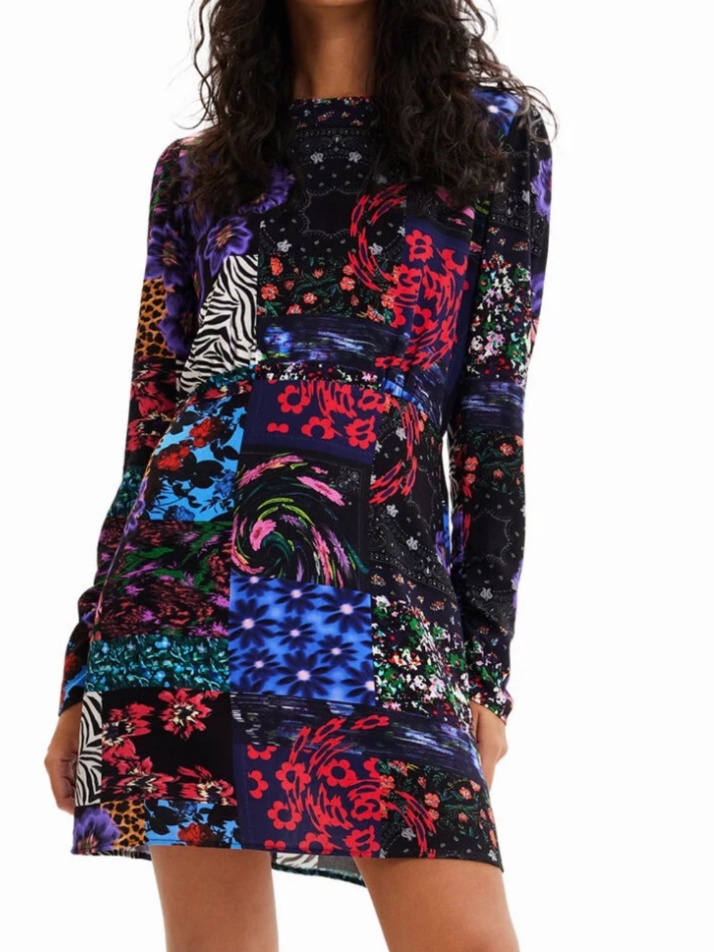 NWT Desigual Patchwork Floral & Animal Print Long Sleeve mini dress size XS